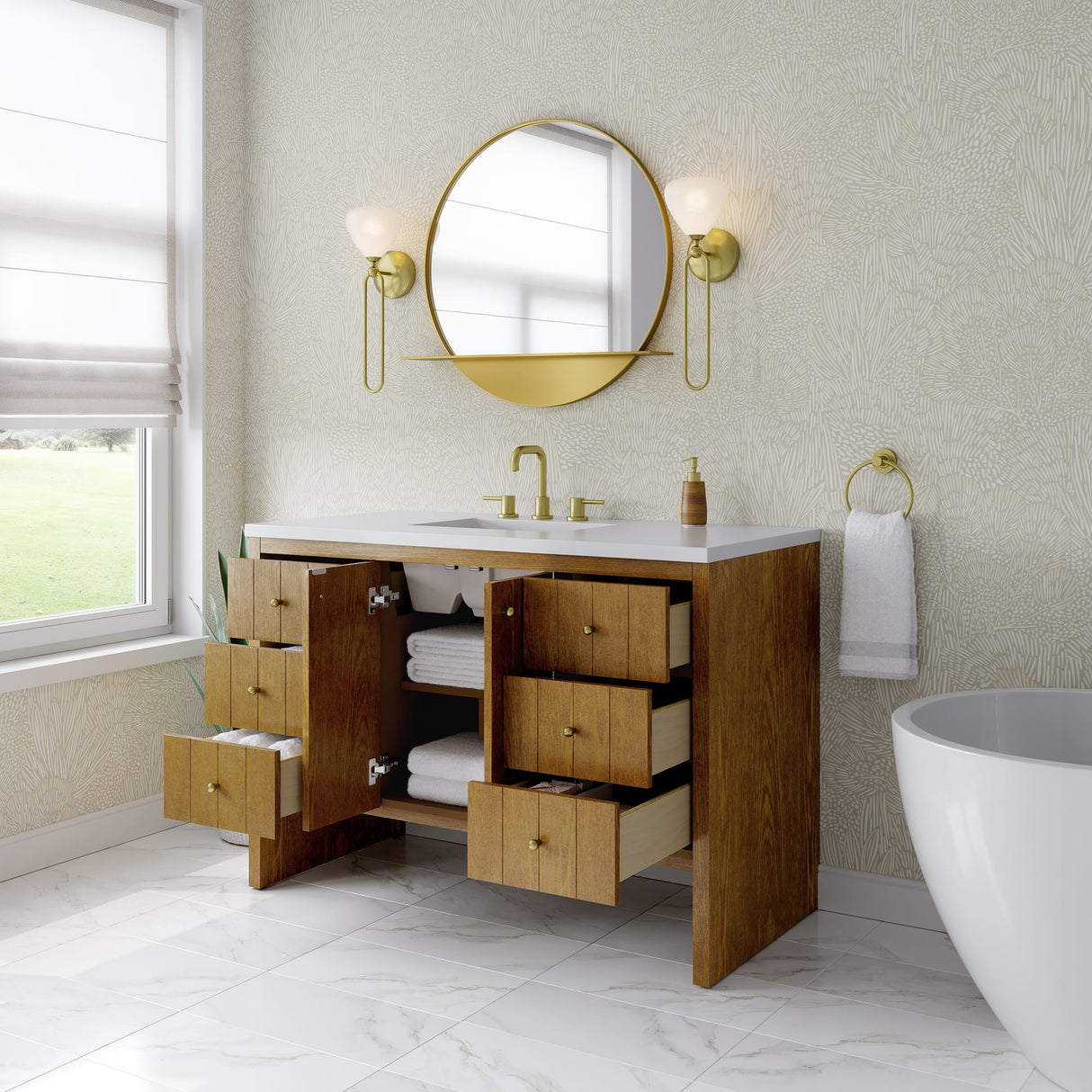 Hudson 48" Single Vanity, Honey Oak w/ 3 CM White Zeus Silestone Top
