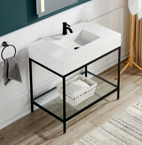 ANZZI CS-FGC001-MB Ventura 36 in. Console Sink in Matte Black with Matte White Counter Top