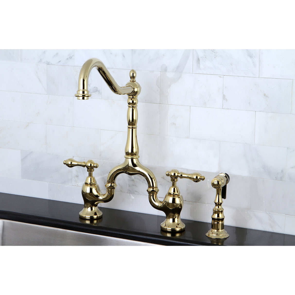 Kingston Brass KS7752ALBS English Country Kitchen Bridge Faucet with Brass Sprayer, Polished Brass