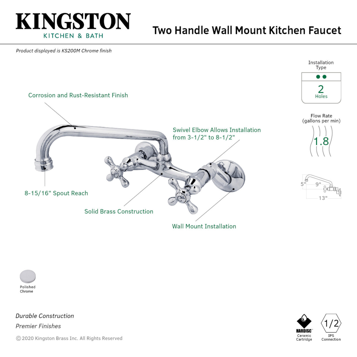 Kingston Brass Kingston 6-Inch Adjustable Center Wall Mount Kitchen Faucet, Polished Chrome