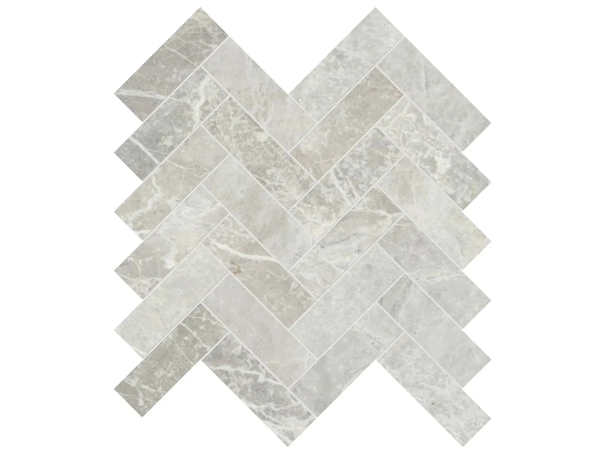 Anatolia Tile 1.25X4 Apollo Argento Herringbone Honed Marble Mosaic 5001-0372-0 * 1 Sheet = .89 Sqft * Apollo Argento Herringbone 1.25x4 - premium natural stone mosaic tile from Anatolia Tile, available at PoshHaus showroom in Keene, NH