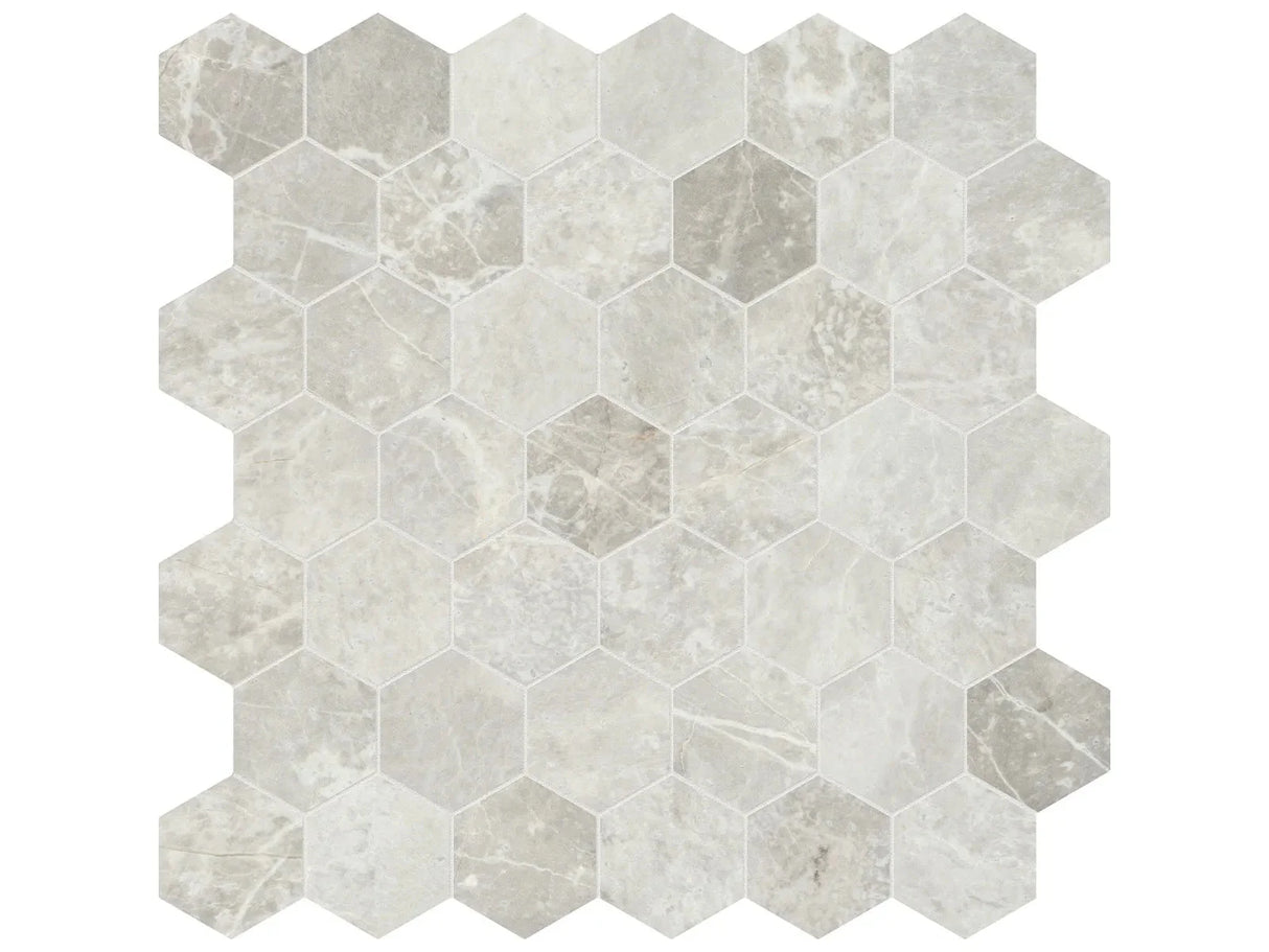 Anatolia Tile 2" Hex Apollo Argento Honed Marble Mosaic 5001-0371-0 * 1 Sheet = .99 Sqft * Apollo Argento Hexagon 2" - premium natural stone mosaic tile from Anatolia Tile, available at PoshHaus showroom in Keene, NH