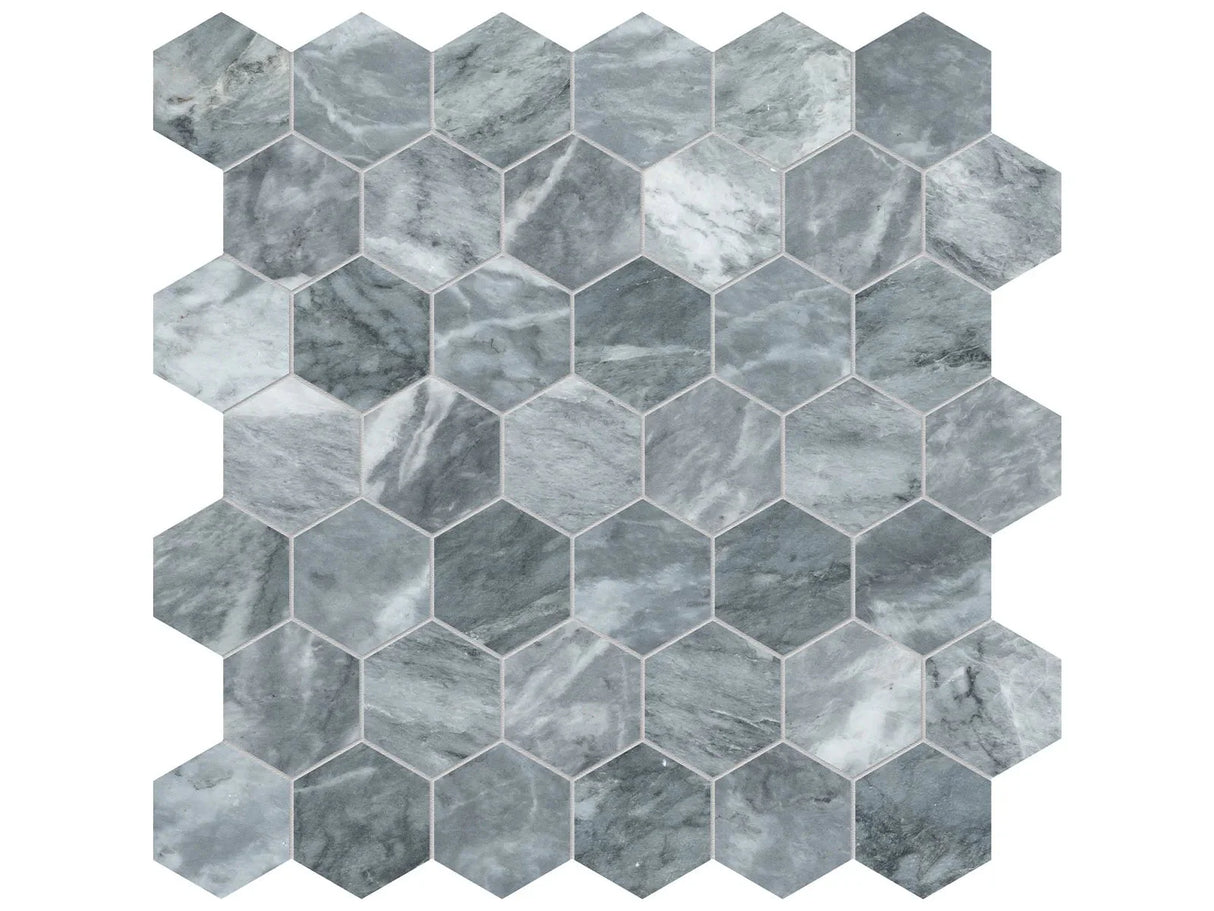Anatolia Tile 2" Hex Aqua Intenso Brushed Marble Mosaic 5001-0252-0 * 1 Sheet = .99 Sqft * Aqua Intenso Hexagon 2" - premium natural stone mosaic tile from Anatolia Tile, available at PoshHaus showroom in Keene, NH