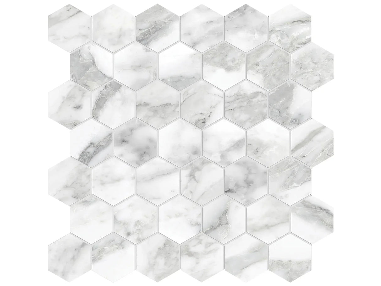 Anatolia Tile La Marca 2 Inch Hexagon Arabescato Honed Porcelain Mosaics. 1 Sheet = .96 Sq. Ft. 4501-0349-0 Arabescato 2" Hexagon Honed - premium natural stone mosaic tile from Anatolia Tile, available at PoshHaus showroom in Keene, NH