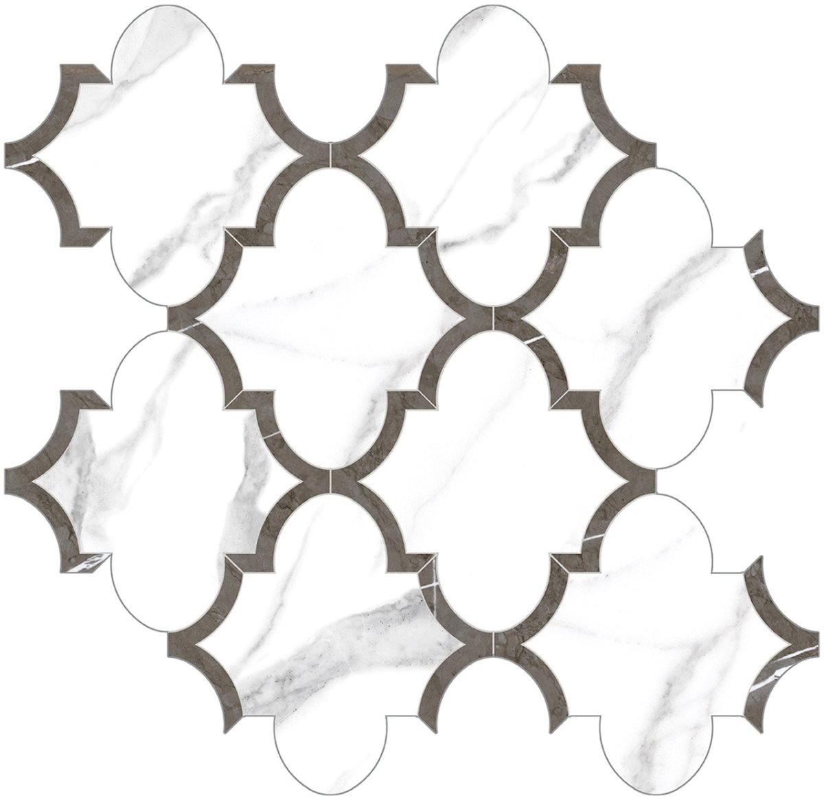 Anatolia Tile Mayfair Statuario Venato Arabesque Polished Porcelain Mosaics. 1 Sheet = .97 Sq. Ft. 4501-0129-1 Statuario Venato Arabesque - premium natural stone mosaic tile from Anatolia Tile, available at PoshHaus showroom in Keene, NH