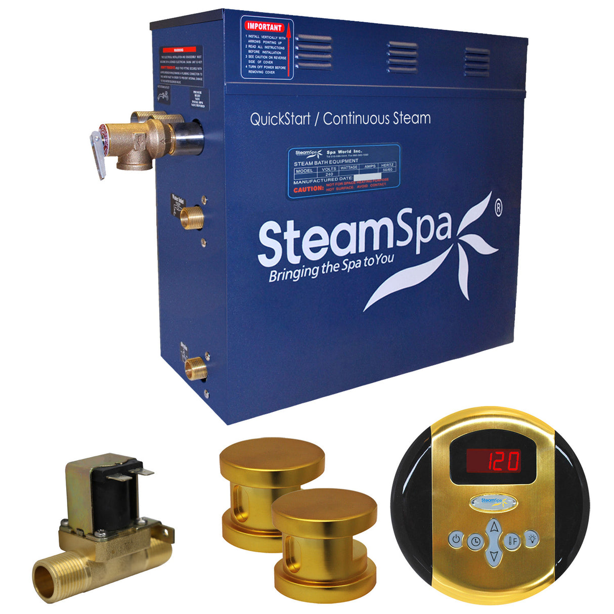 SteamSpa Oasis 12 KW QuickStart Acu-Steam Bath Generator Package with Built-in Auto Drain in Polished Gold OA1200GD-A