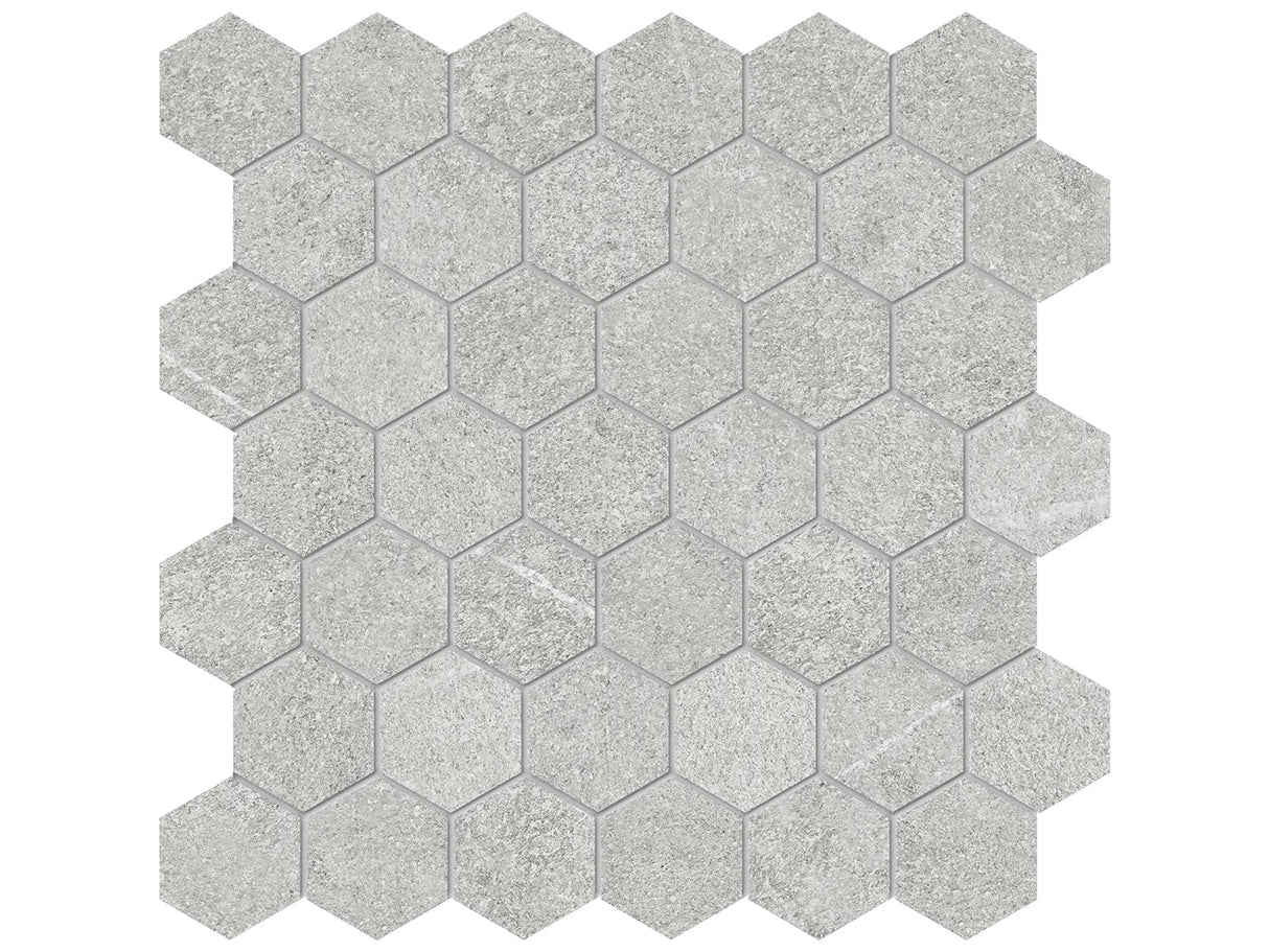 Anatolia Tile 2" Mjork Color Body Porcelain Ash Hexagon 42 Piece Mosaic 4501-0379-0 1 Sheet = .97 Sq. Ft." Ash 2" Hexagon - premium natural stone mosaic tile from Anatolia Tile, available at PoshHaus showroom in Keene, NH