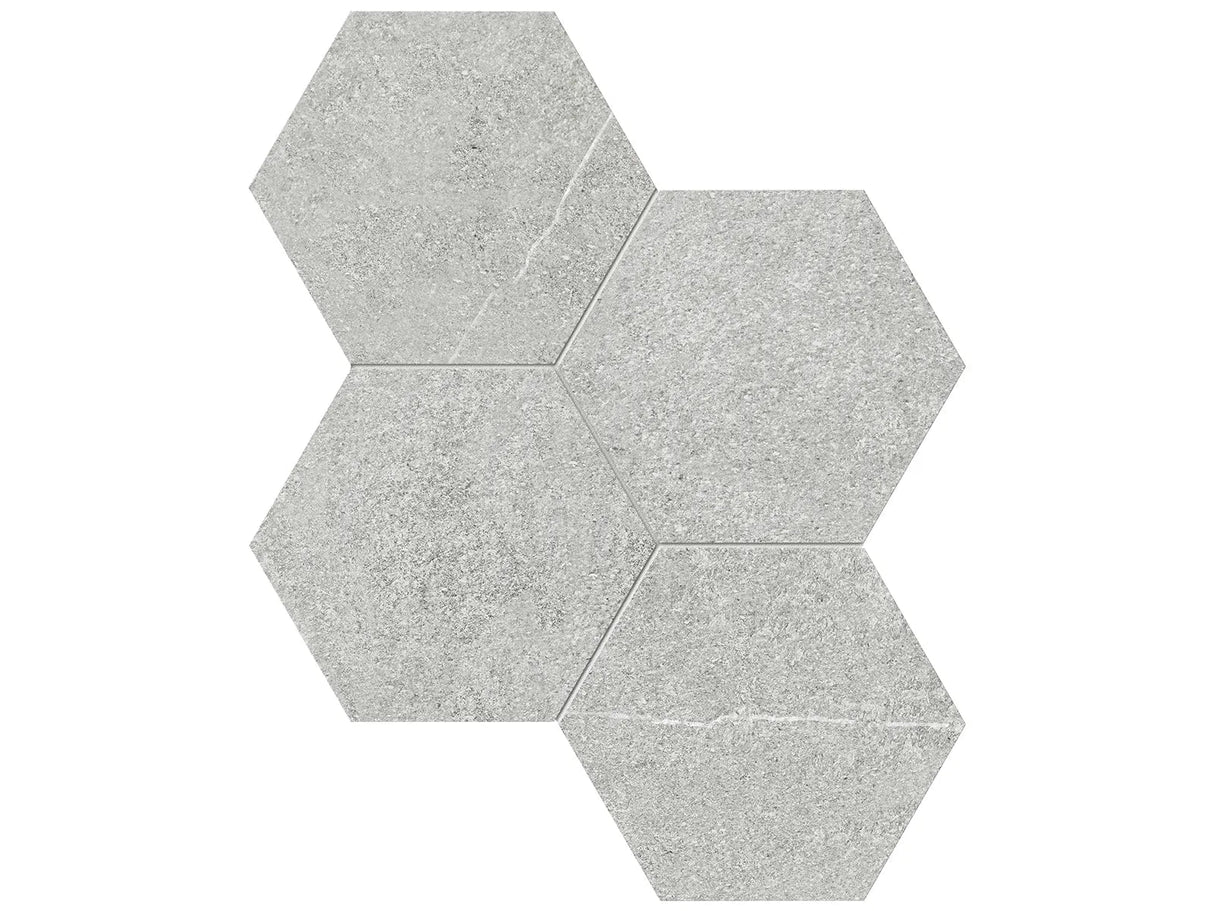 Anatolia Tile 6" Mjork Color Body Porcelain Ash Hexagon 4 Piece Mosaic 4501-0375-0 1 Sheet = .80 Sq. Ft." Ash 6" Hexagon - premium natural stone mosaic tile from Anatolia Tile, available at PoshHaus showroom in Keene, NH