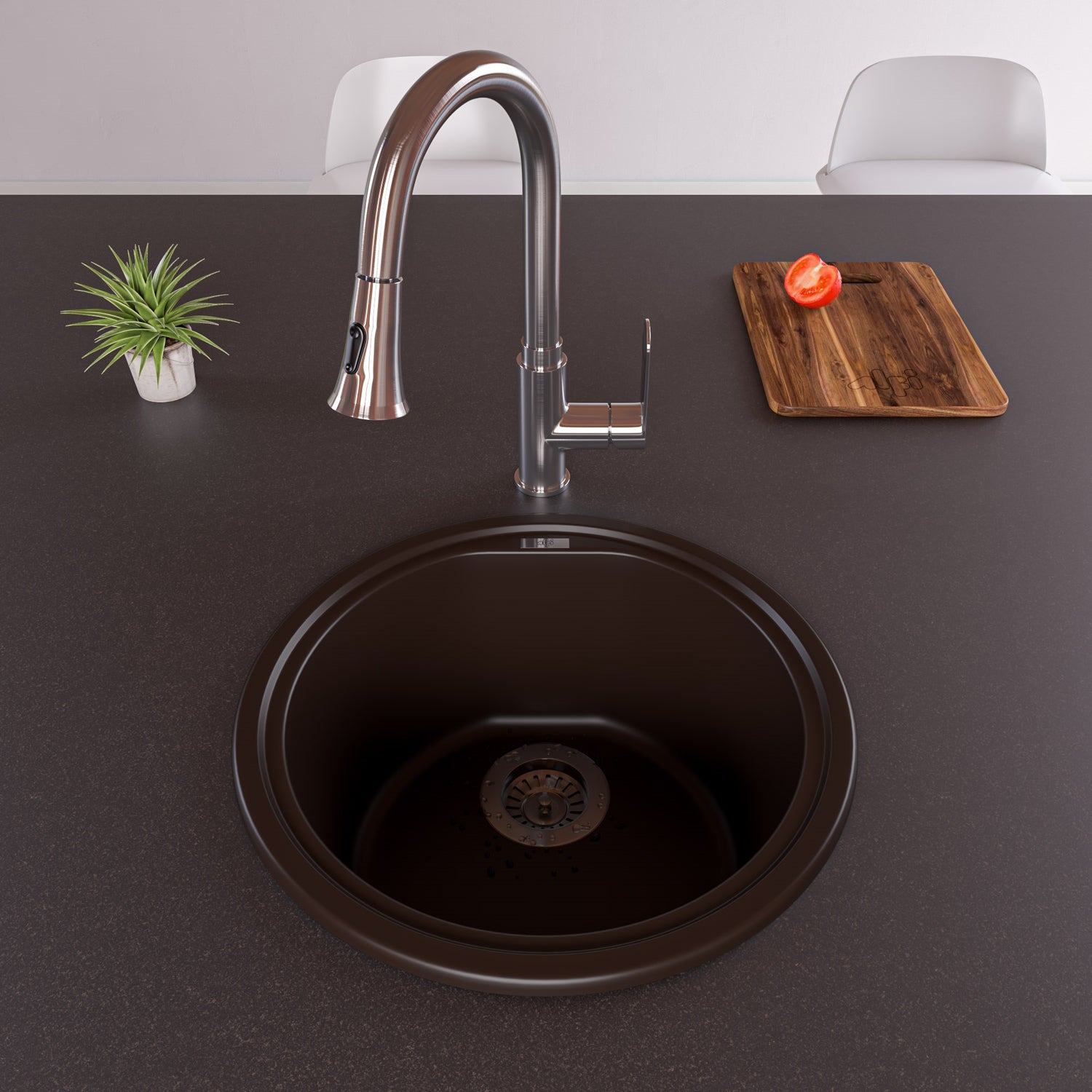 ALFI brand AB1717DI-C Chocolate 17" Drop-In Round Granite Composite Kitchen Prep Sink