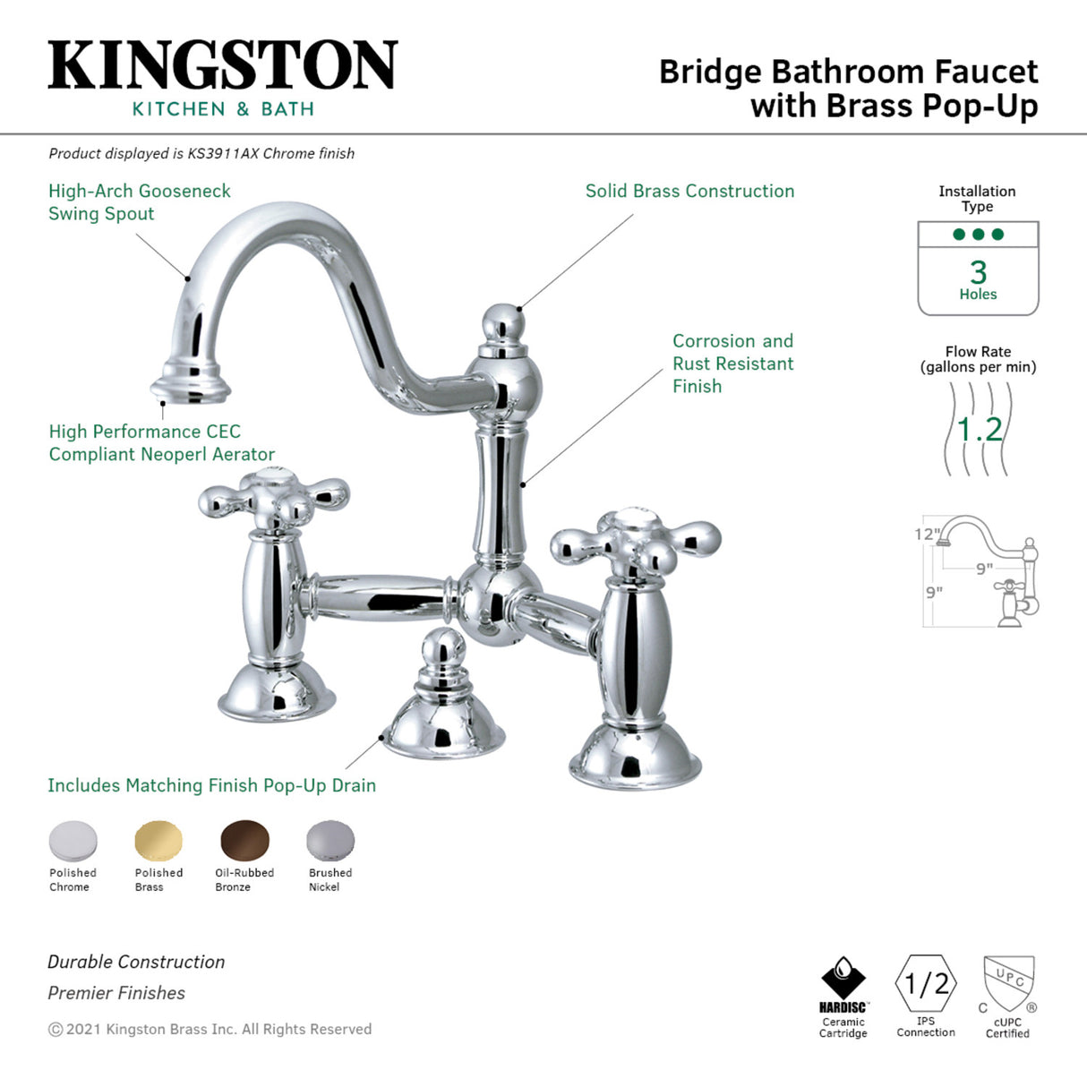 Kingston Brass KS3911AX Restoration Bathroom Bridge Faucet, Polished Chrome
