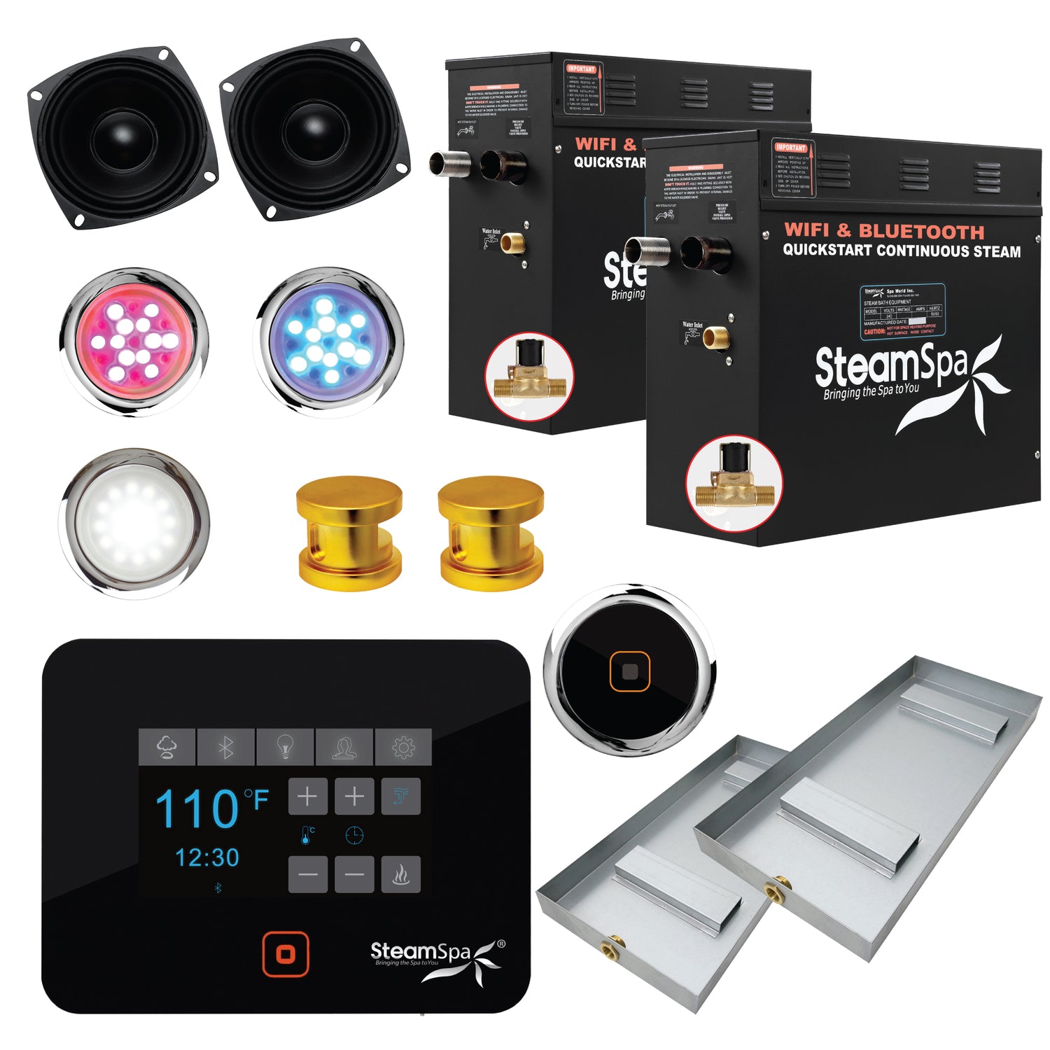 Steam Shower Generator Kit System | Gold + Self Drain Combo| Enclosure Steamer Sauna Spa Stall Package|Touch Screen Wifi App/Bluetooth Control Panel |2x 7.5 kW Raven | RVB1500GD-A RVB1500GD-A