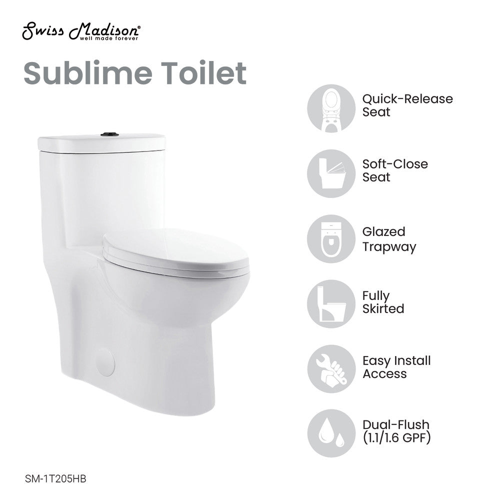 Sublime One Piece Elongated Toilet Dual Flush, Black Hardware 1.1/1.6 gpf