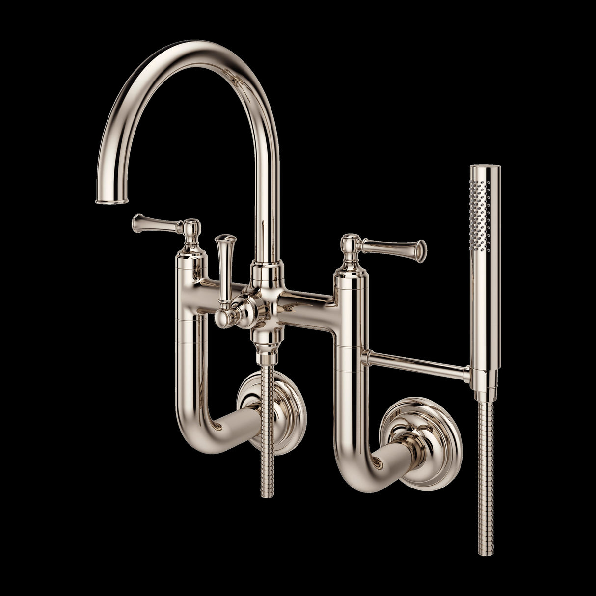 Tisbury Wall Mount 2-Handle Tub Filler with Hand Shower in Polished Nickel