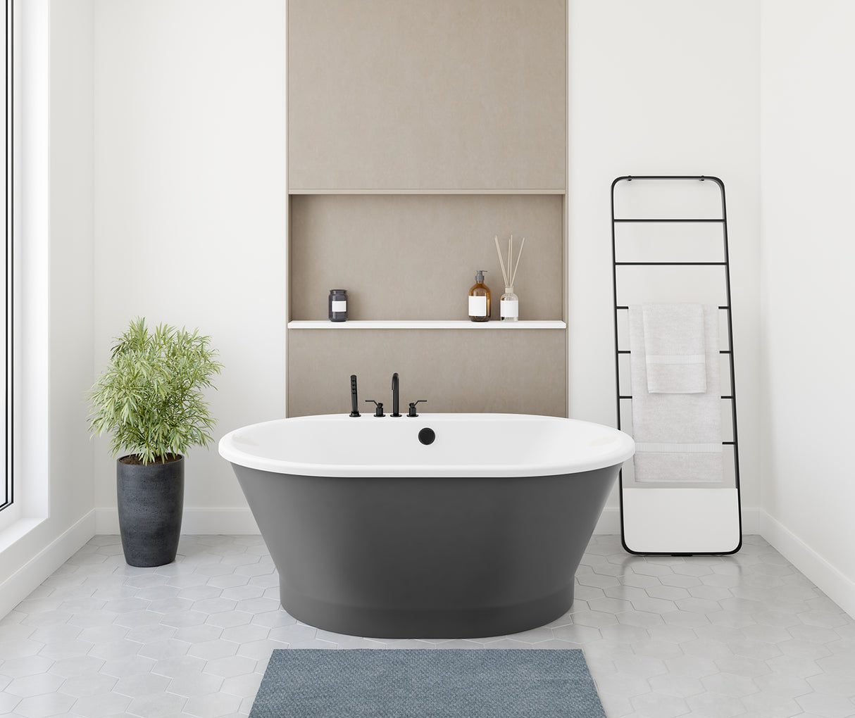 MAAX 103901-000-002-114 Brioso 6042 AcrylX Freestanding Center Drain Bathtub in White with Thundey Grey Skirt