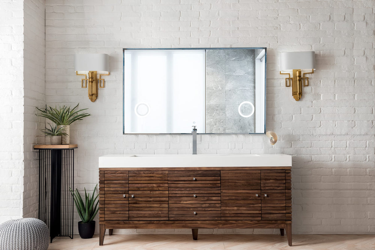 Linear 72" Single Vanity, Mid-Century Walnut w/ Glossy White Composite Stone Top