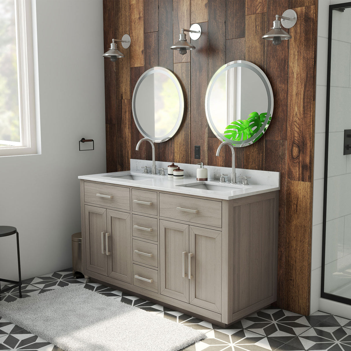 Dexterity 60 Inch Oak Vanity with Rectangular Undermount Sinks - Gray Oak