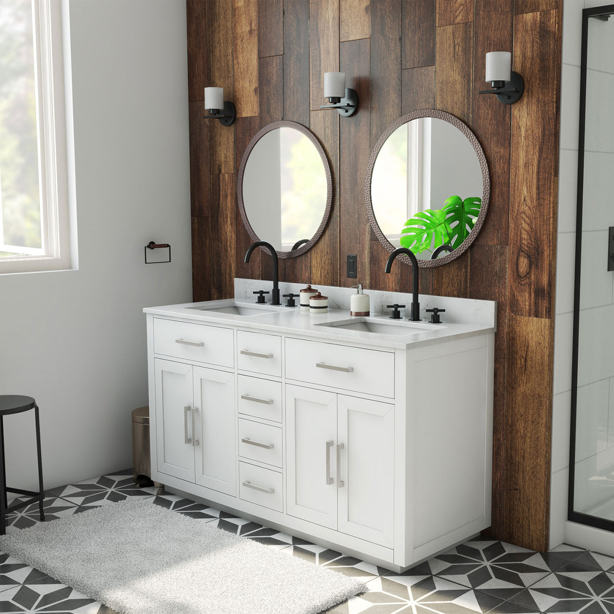 Dexterity 60 Inch Oak Vanity with Rectangular Undermount Sinks - White