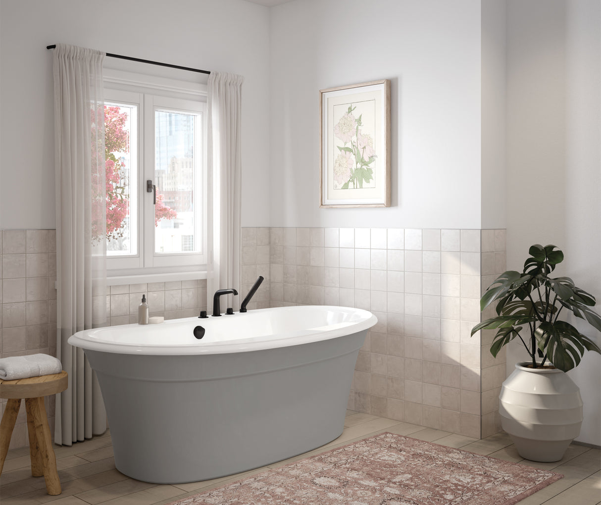 MAAX 105744-000-001-103 Ella Sleek 66 x 36 Acrylic Freestanding Center Drain Bathtub in White with Sterling Silver Skirt