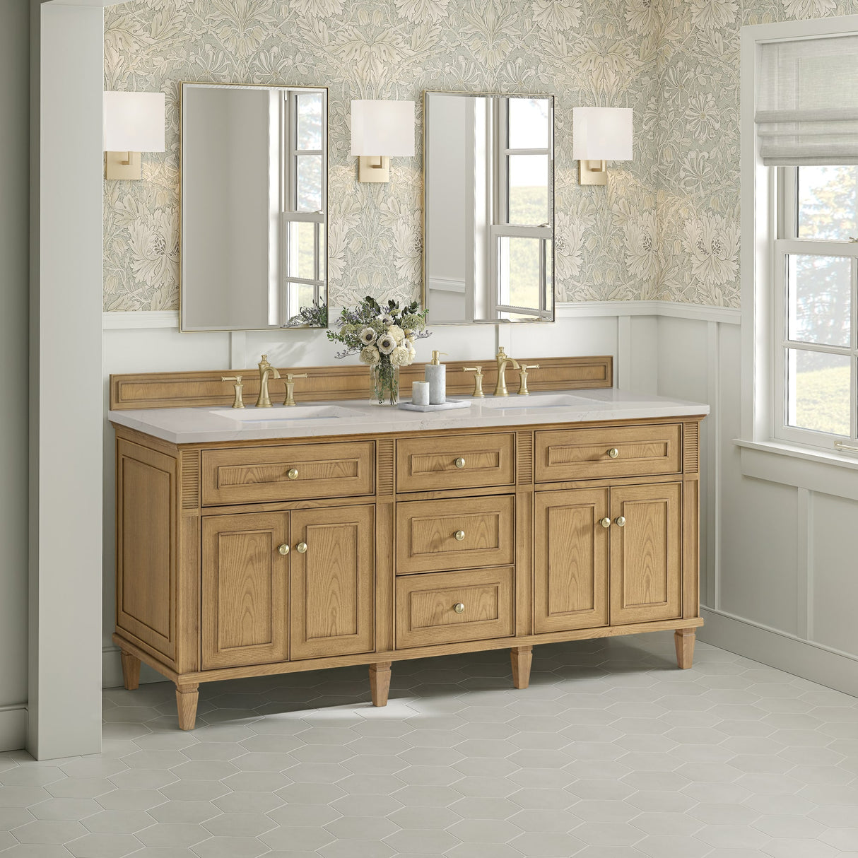 Lorelai 72" Double Vanity, Light Natural Oak, w/ 3 CM Siberian Silestone Top w/FreePower Wireless Charger