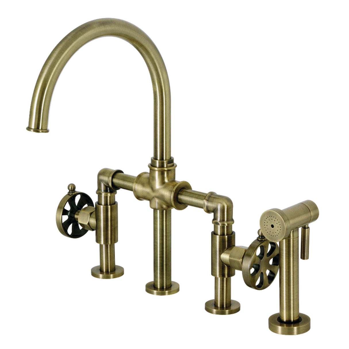 Kingston Brass KS2333RX Belknap Industrial Style Bridge Kitchen Faucet with Brass Sprayer, Antique Brass