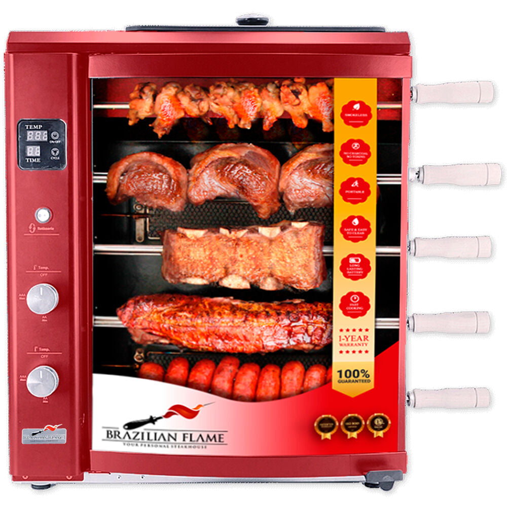 Brazilian Flame BG-05LXK-RED Gas Rotisserie Brazilian Grill, 5 Skewer Unit, Upper Tray INCLUDED