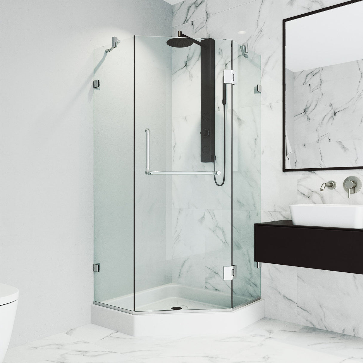 VIGO Piedmont 40.25 W x 70.375 H Frameless Hinged Shower Enclosure in Chrome with shower base and handle VG6062CHCL40W