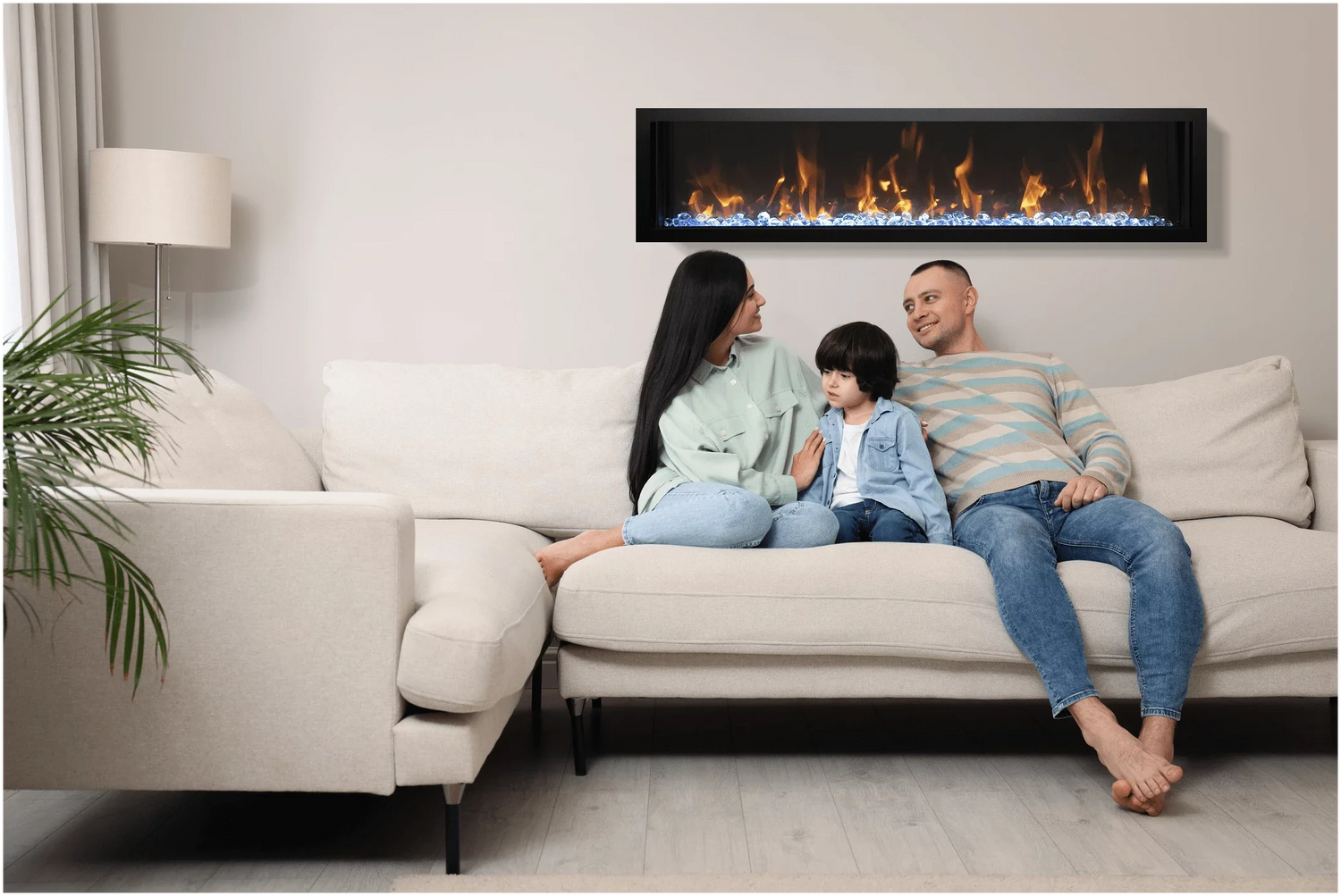Amantii BI-60-SLIM-OD Panorama Slim Full View Smart Electric  - 60" Indoor /Outdoor WiFi Enabled Fireplace, featuring a MultiFunction Remote, Multi Speed Flame Motor, Glass Media & a Black Trim