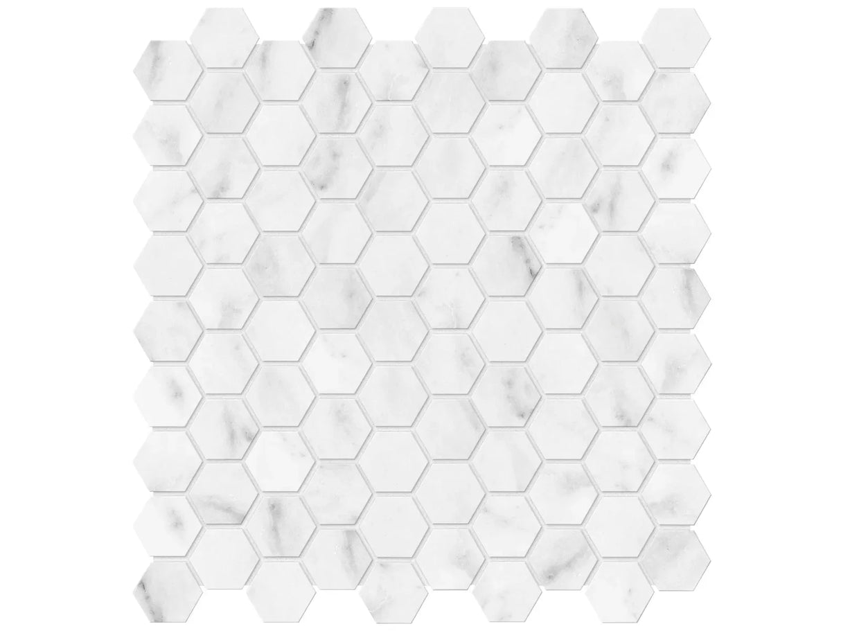 Anatolia Tile 1.25 Inch Bianco Venatino Polished Marble Stone Hexagon Mosaics. 1 Sheet = .95 Sq. Ft. 5001-0023-0 (76-372) Bianco Venatino Hexagon 1.25" Polished - premium natural stone mosaic tile from Anatolia Tile, available at PoshHaus showroom in Keene, NH