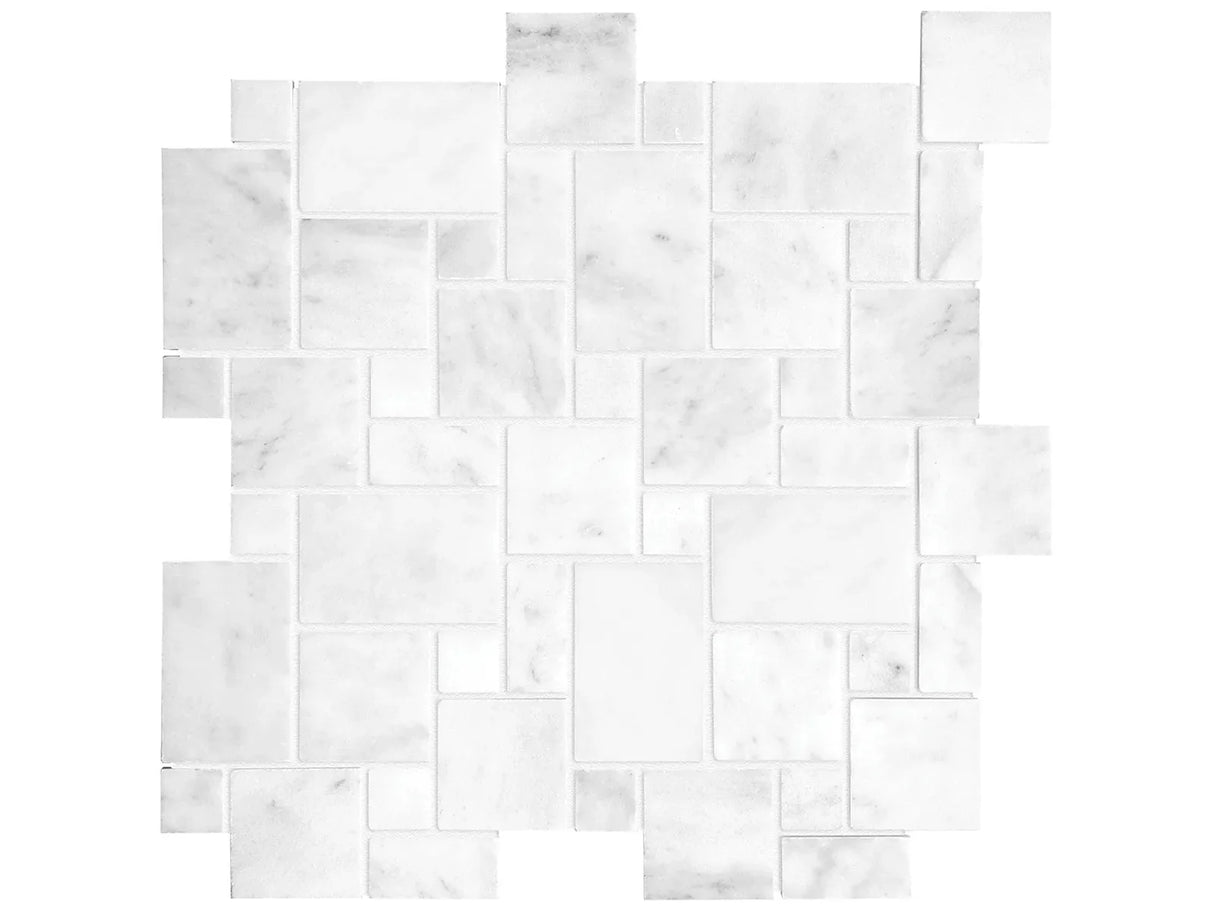 Anatolia Tile Bianco Venatino Mini Versailles Polished Marble Natural Stone Mosaics. 1 Sheet = 1 Sq. Ft. 5001-0027-0 (76-261) Bianco Venatino Mini Versailles Polished - premium natural stone mosaic tile from Anatolia Tile, available at PoshHaus showroom in Keene, NH
