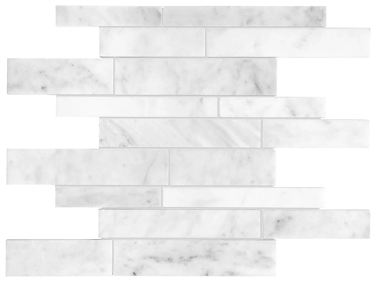 Anatolia Tile Bianco Venatino Random Strip Honed Marble Stone Mosaics. 1 Sheet = 1 Sq. Ft. 5001-0028-0 (76-172) Bianco Venatino Random Strip Honed - premium natural stone mosaic tile from Anatolia Tile, available at PoshHaus showroom in Keene, NH
