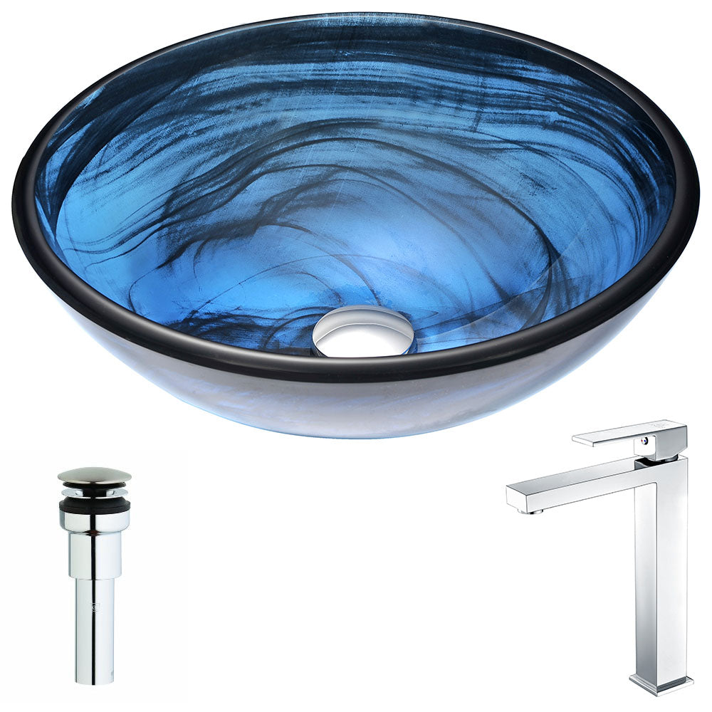 ANZZI LSAZ048-096 Soave Series Deco-Glass Vessel Sink in Sapphire Wisp with Enti Faucet in Chrome