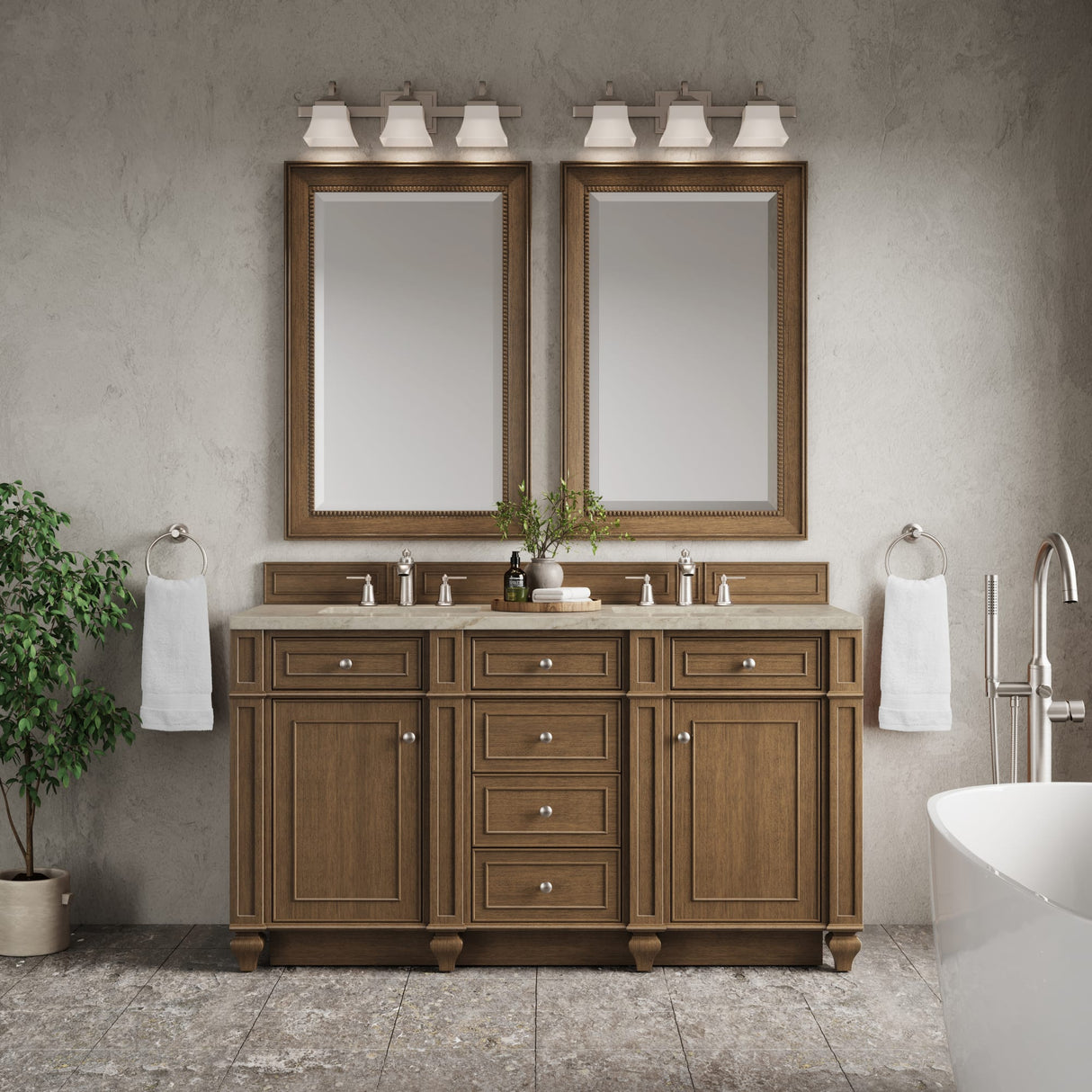 Bristol 60" Double Vanity, Saddle Brown, w/ 3 CM Tajnar Eclos Top