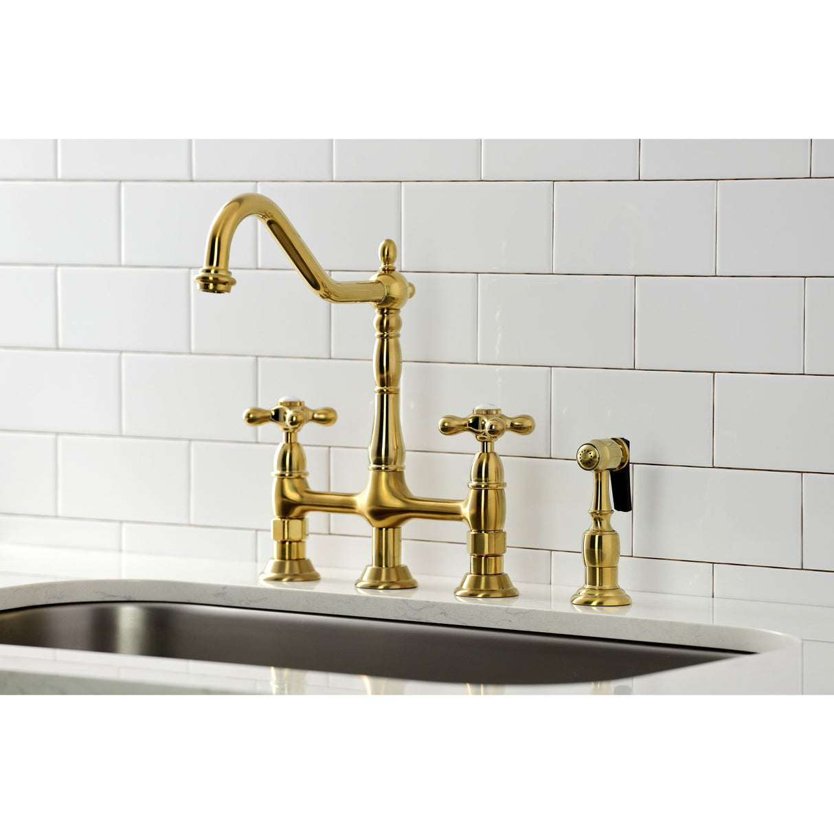 Kingston Brass KS1277AXBS Heritage Bridge Kitchen Faucet with Brass Sprayer, Brushed Brass