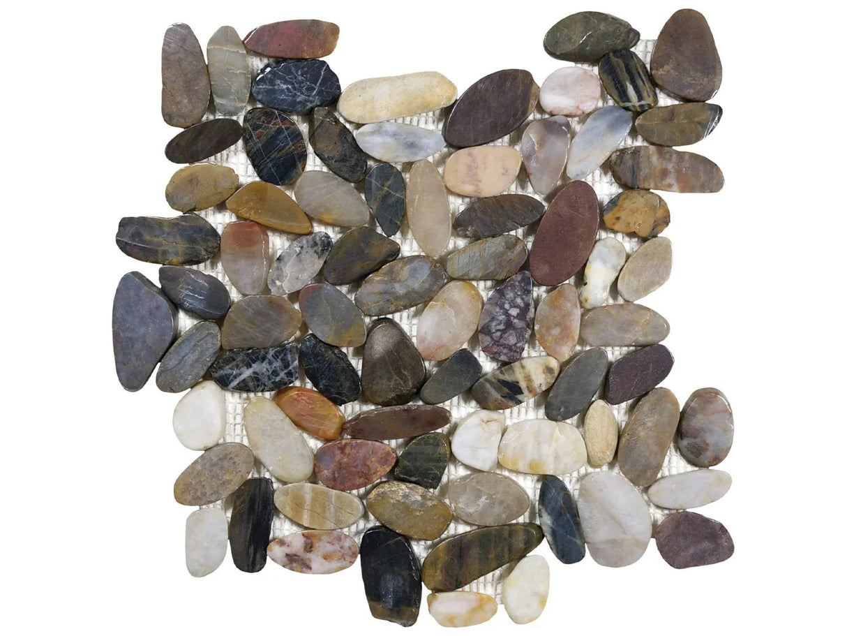 Anatolia Tile Zen Bora Wilderness ( Aka Forest ) Flat Polished Pebble Mosaics. 1 Sheet = 1 Sq. Ft. 5001-0232-0 (76-358) Bora Wilderness Flat Pebble - premium natural stone mosaic tile from Anatolia Tile, available at PoshHaus showroom in Keene, NH