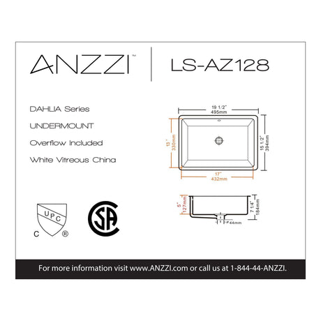 ANZZI LS-AZ128 Dahlia Series 19.5 in. Ceramic Undermount Sink Basin in White