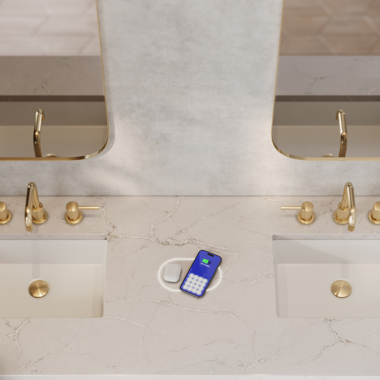 Bristol 72" Double Vanity, Whitewashed Walnut w/ 3 CM Victorian Silver Silestone Top w/FreePower Wireless Charger