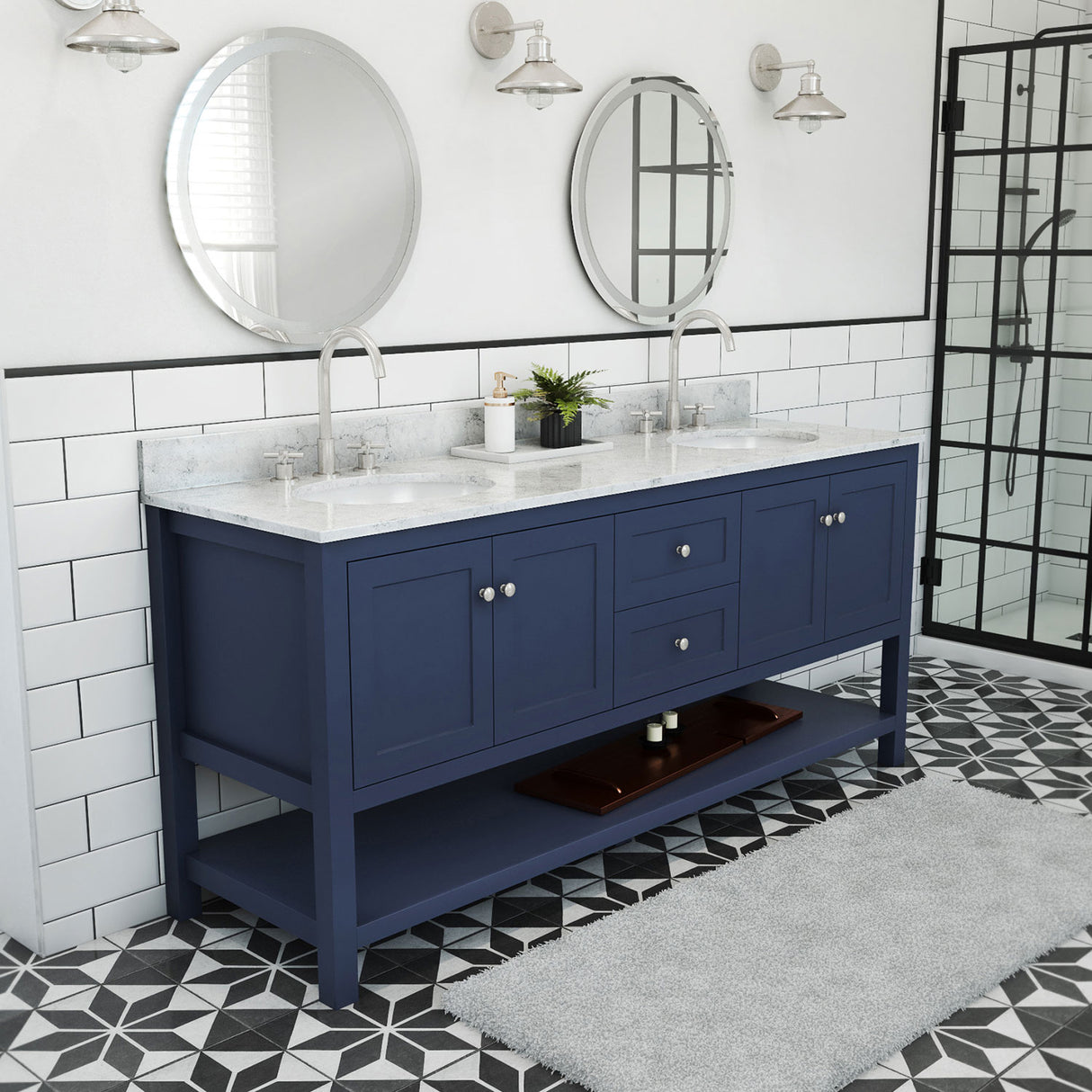 Continuum 72 Inch Modern Console Vanity with Oval Undermount Sinks - Navy