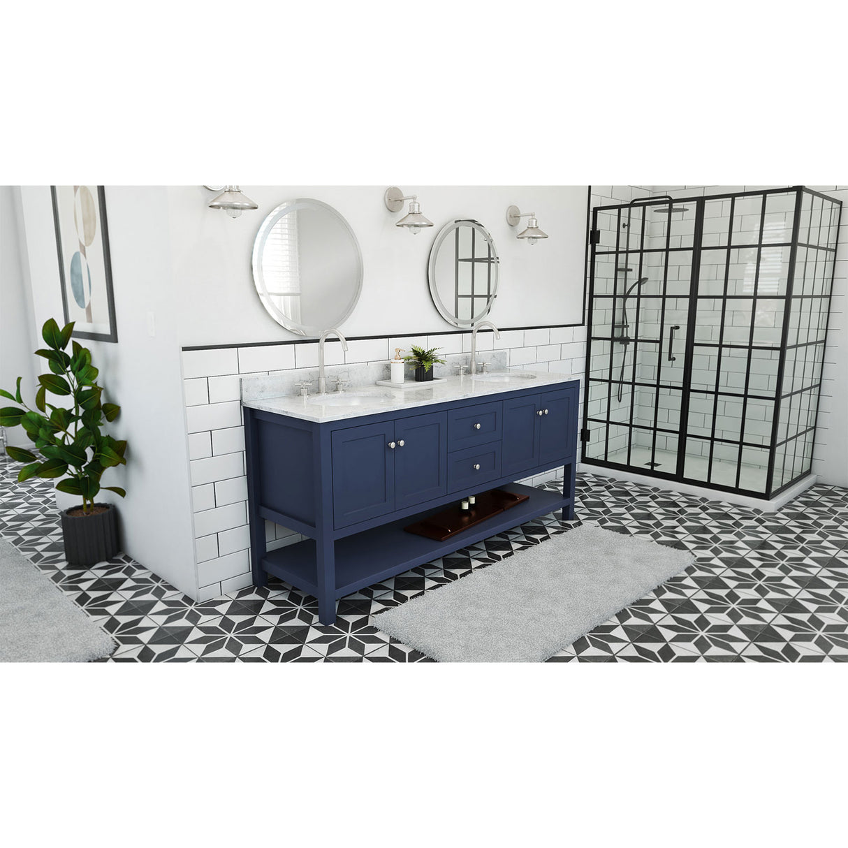 Continuum 72 Inch Modern Console Vanity with Oval Undermount Sinks - Navy