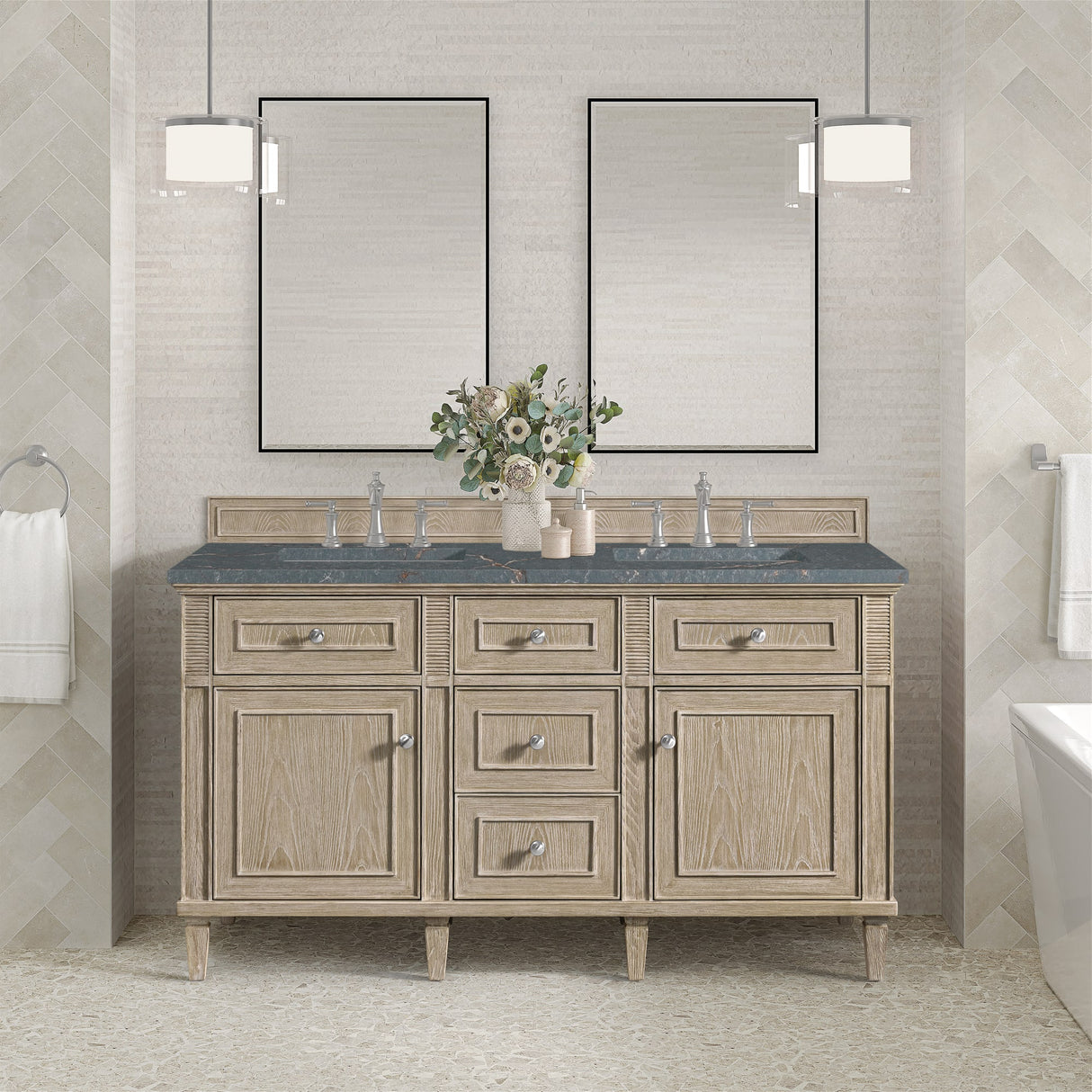 Lorelai 60" Double Vanity, Whitewashed Oak w/ 3 CM Parisien Bleu Silestone Top
