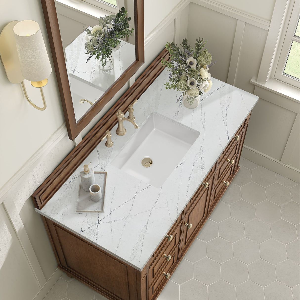 Lorelai 48" Single Vanity, Mid-Century Walnut w/ 3 CM Ethereal Noctis Silestone Top w/FreePower Wireless Charger