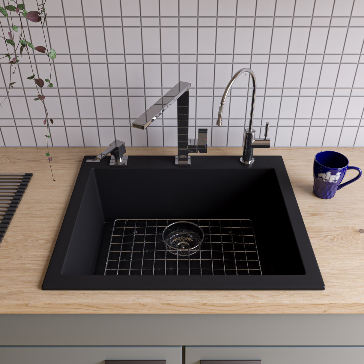 ALFI brand AB2420DI-BLA Black 24" Drop-In Single Bowl Granite Composite Kitchen Sink