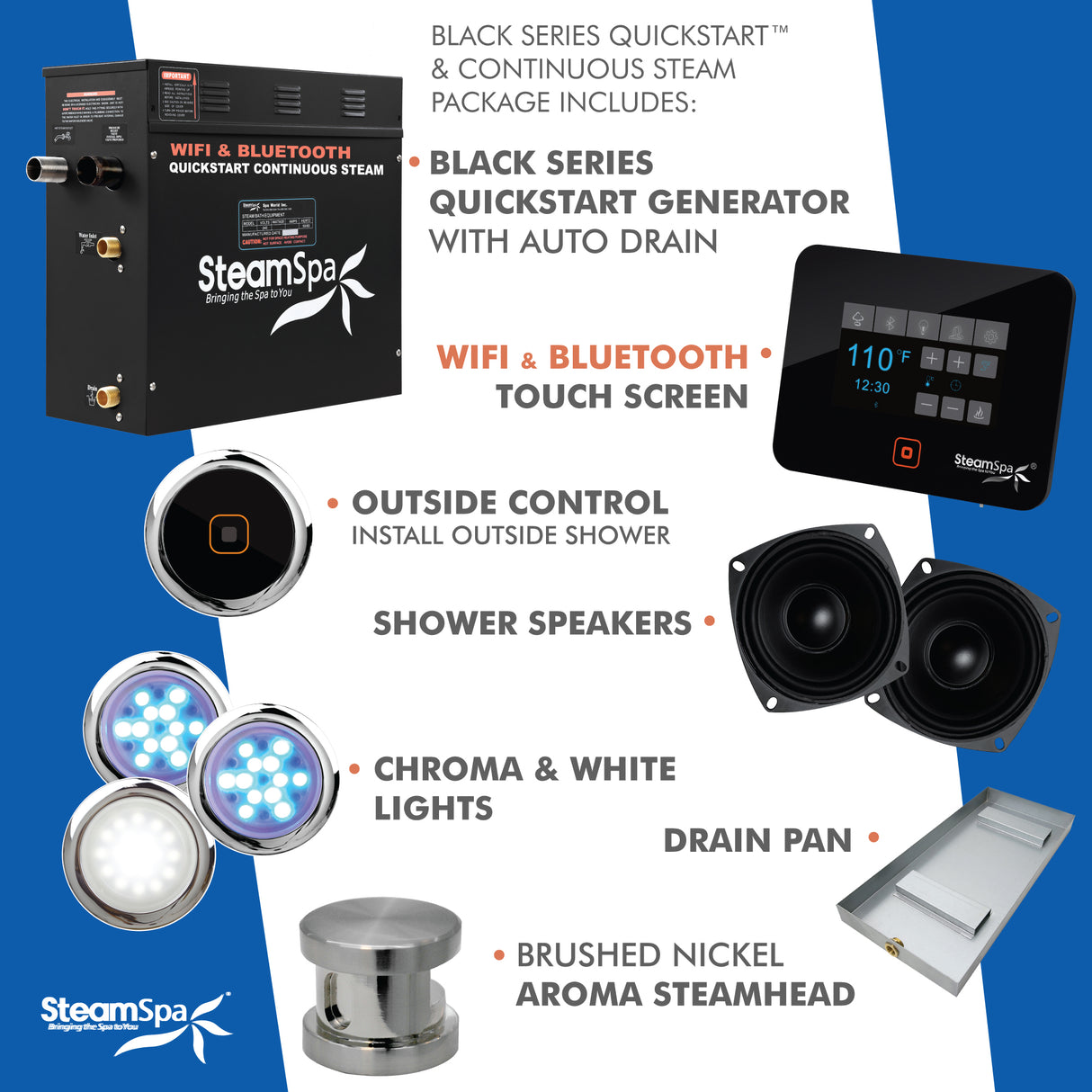 Black Series Wifi and Bluetooth 6kW QuickStart Steam Bath Generator Package in Brushed Nickel BKT600BN-A