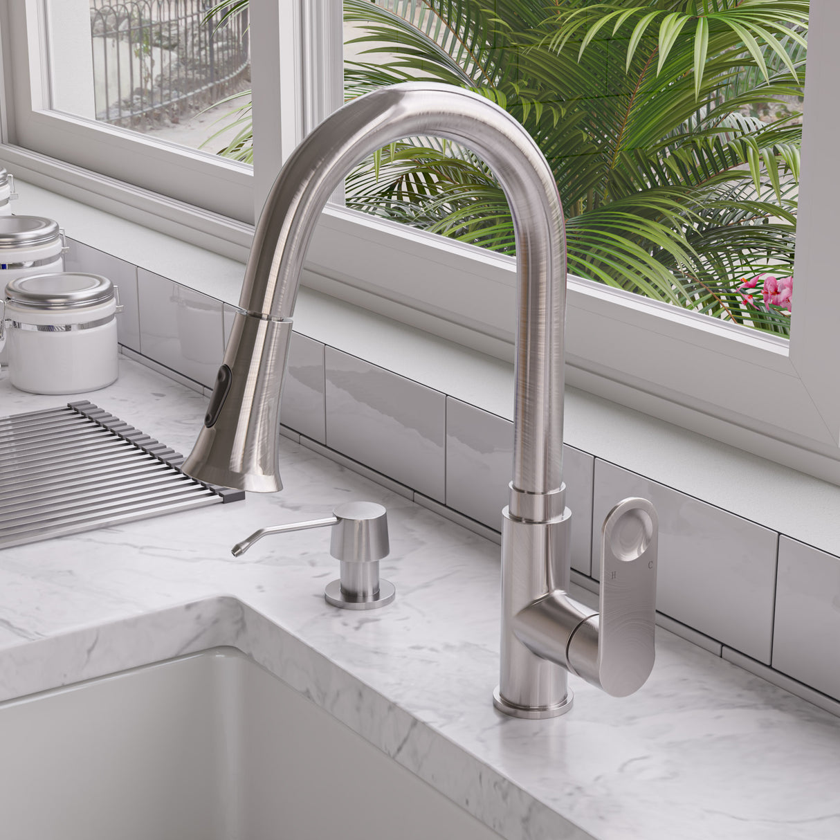Brushed Nickel Gooseneck Pull Down Kitchen Faucet