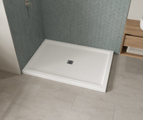 MAAX 420036-542-001-100 B3Square 6042 Acrylic Corner Left Shower Base in White with Anti-slip Bottom with Center Drain