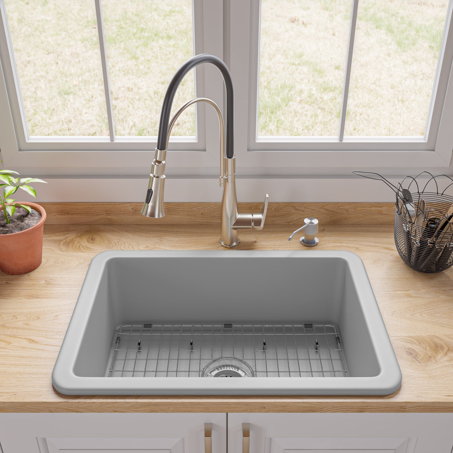 Gray Matte 27" x 18" Fireclay Undermount / Drop In Firelcay Kitchen Sink