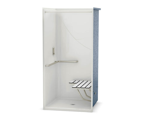 Aker OPS-3636 AcrylX Alcove Center Drain One-Piece Shower in White - L-shaped Grab Bar and Seat