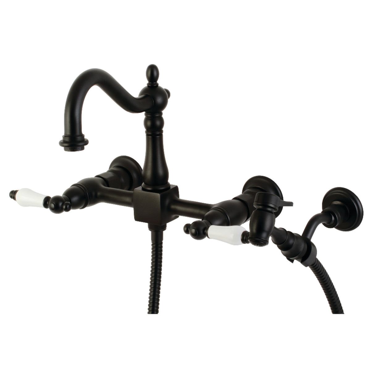 Kingston Brass KS1260PLBS Heritage Wall Mount Bridge Kitchen Faucet with Brass Sprayer, Matte Black