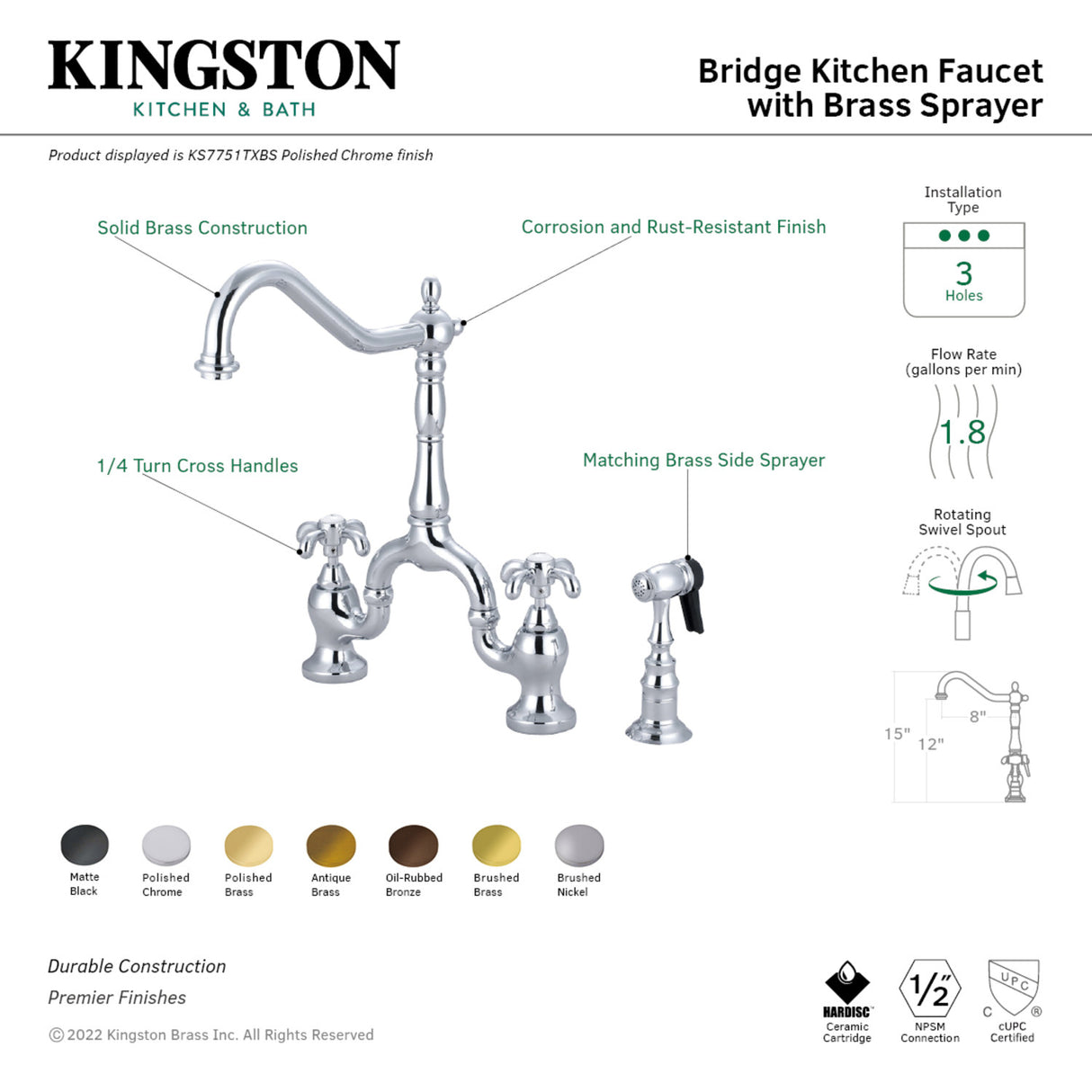 Kingston Brass KS7757TXBS French Country Bridge Kitchen Faucet with Brass Sprayer, Brushed Brass