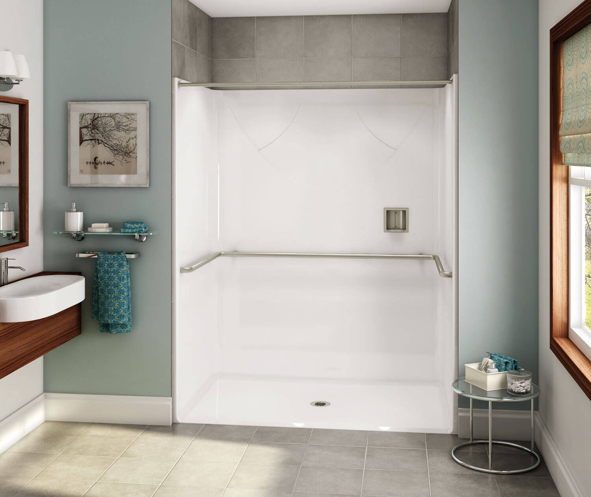 MAAX 106079-000-002-114 OPS-6036-RS - ADA U-Bar AcrylX Alcove Center Drain One-Piece Shower in White