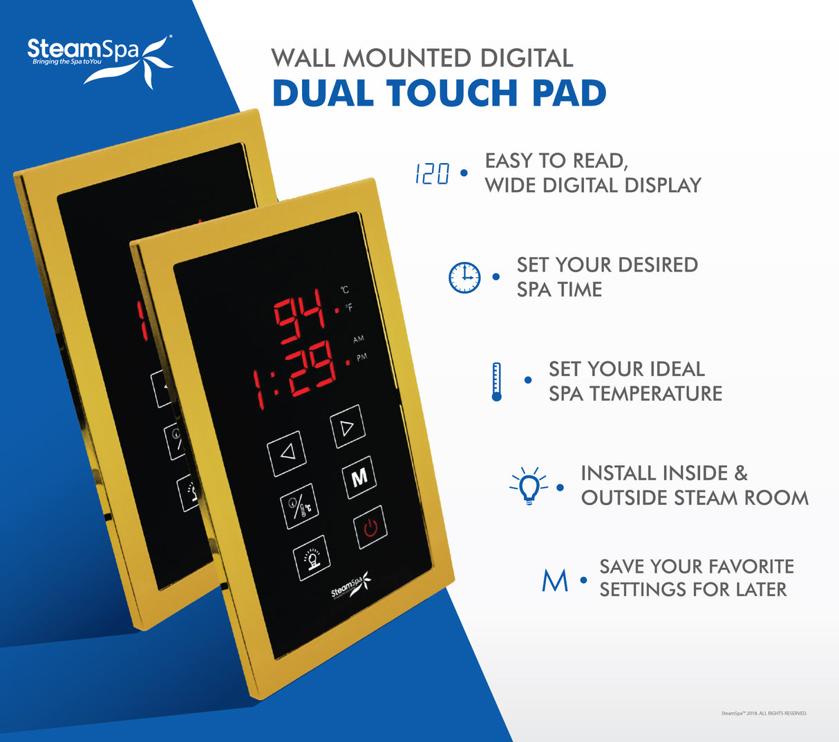 SteamSpa Executive 9 KW QuickStart Acu-Steam Bath Generator Package with Built-in Auto Drain and Install Kit in Polished Gold | Steam Generator Kit with Dual Control Panel Steamhead 240V | EXT900GD-A EXT900GD-A